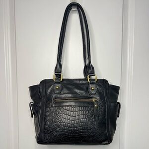 Great American Leatherworks Blk 100%Leather Shoulder Bag Purse CrocPrint Pattern